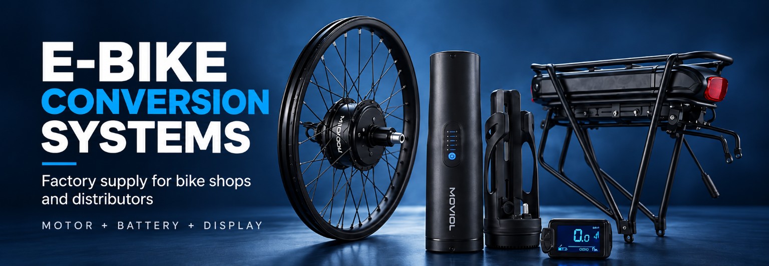 MOVIOL conversion system promotional banner showing a rear wheel, bottle battery, display and rear-rack battery